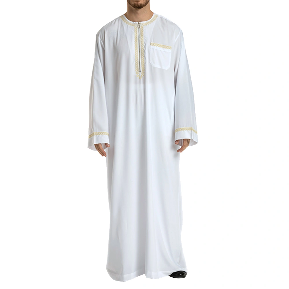 Islamic Thobe Round Collar Embroidery Long Sleeve Middle Eastern Arab Muslim Wear Robe Clothes for Men Size XXL (White)