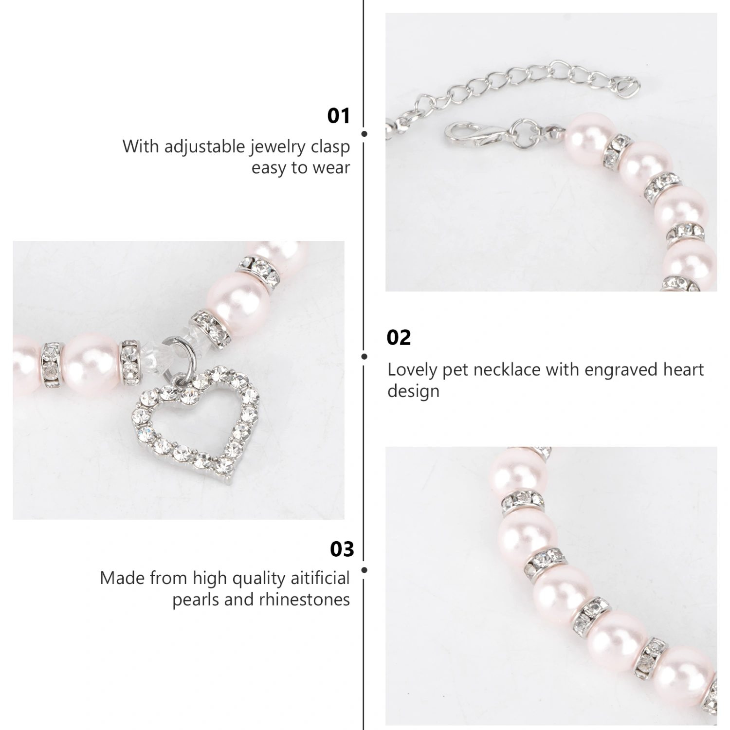 Pet Necklace Crystal Heart Pandant Pet Cat Dog Necklace Bling Pearls Jewelry Size S (Pink)
