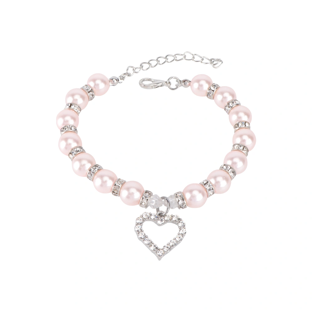 Pet Necklace Crystal Heart Pandant Pet Cat Dog Necklace Bling Pearls Jewelry Size S (Pink)