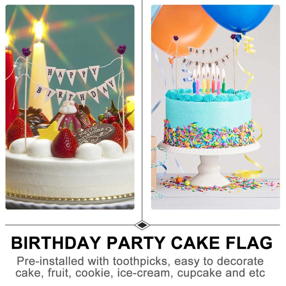 Happy Birthday Banner Cake Decor Cake Topper with Wooden Sticks Party Supplies