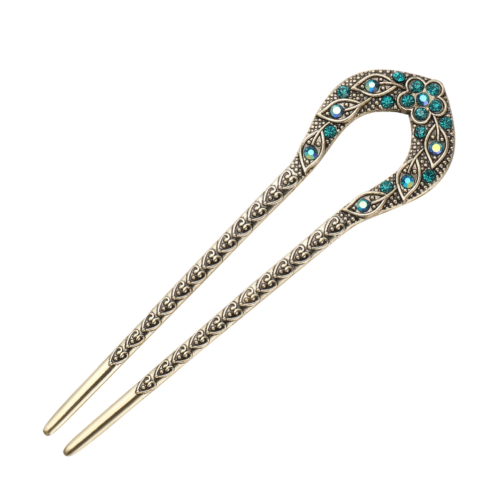 Lurrose Double Prong Hair Pin U Shaped Crystal Chignon Hairpin Stick Hairstyle Accessory for Women Girls (Blue)