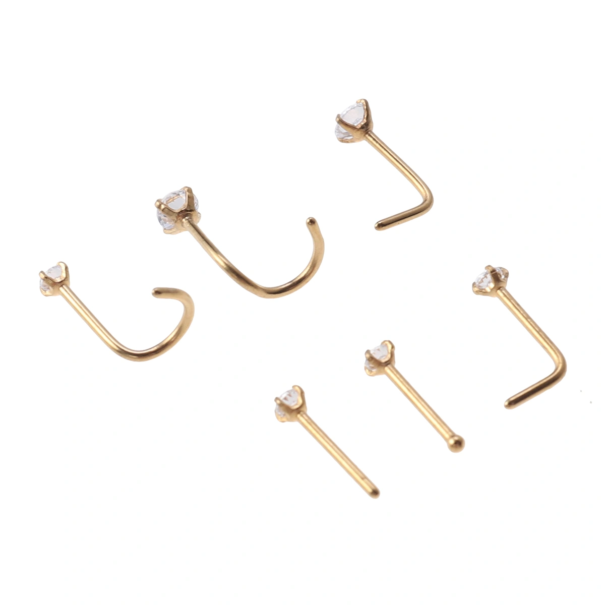 6pcs Stainless Steel Zircon Decorated Nose Rings Nose Studs Nose Gems (Gold)