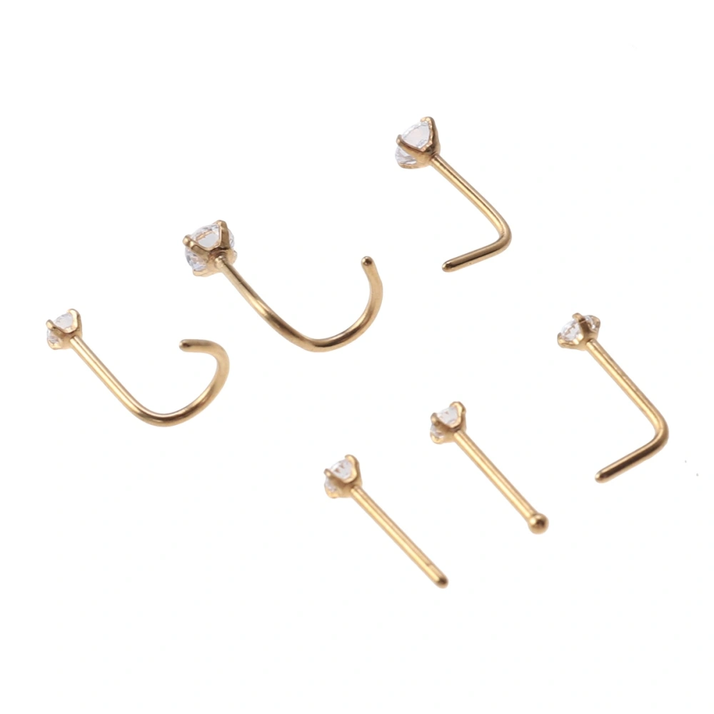 6pcs Stainless Steel Zircon Decorated Nose Rings Nose Studs Nose Gems (Gold)