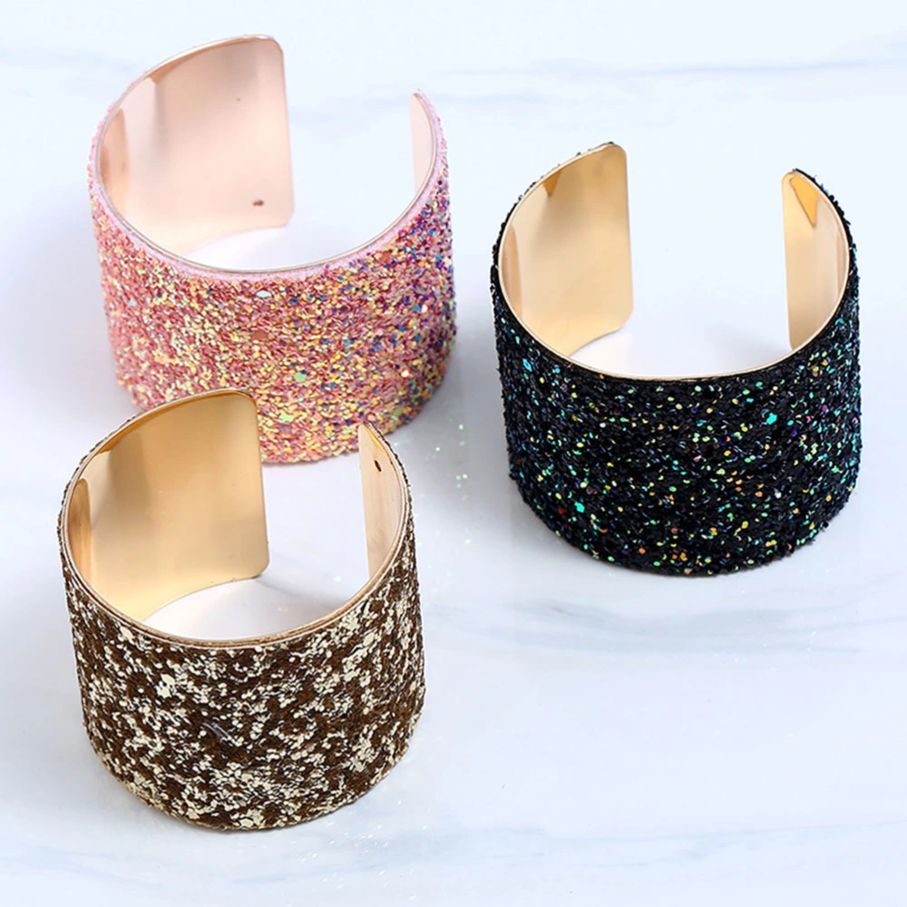 Sequin Cuff Bracelet Wide Open Sparkling Bangle Statement Jewelry (Black)