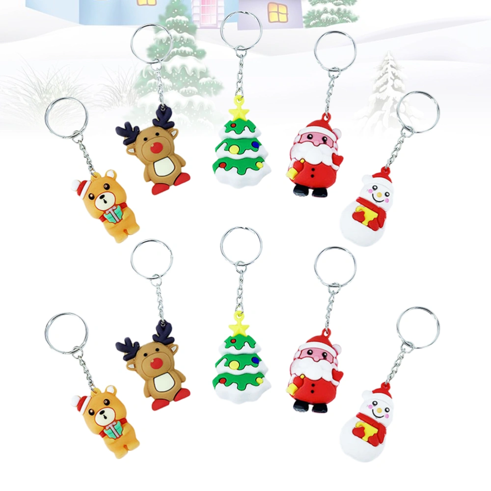 10pcs Christmas Keychains Silicone Key Rings Cartoon Pendant Ornaments Elk Key Holder for Car Key Bag Decor (Bear Christmas Tree Santa Snowman Elk)