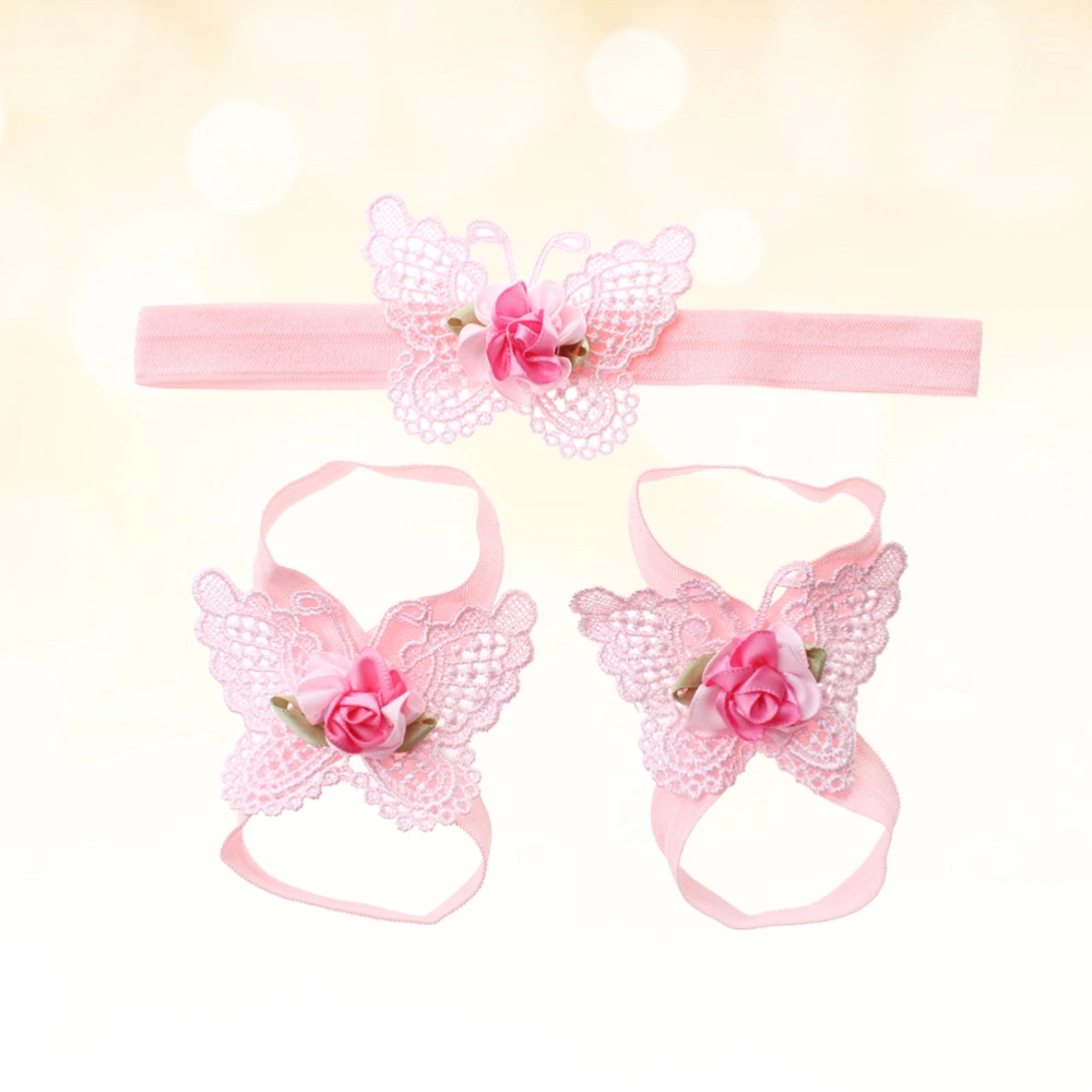 Baby Sandal and Headband Set Elegant Infant Girls Beauty Supply Flower Barefoot Shoes and Hair Band for Photography Party Decoration (3#)