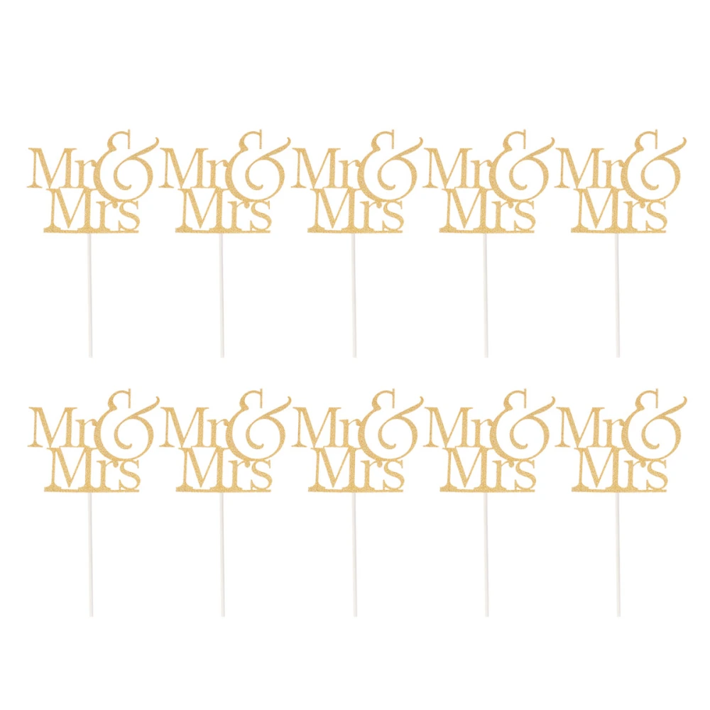 10 Pcs Cake Toppers Glitter Paper Mr & Mrs Printed Words Happy Birthday Cake Fruit Picks Dessert Table Decorative Supplies (Golden)