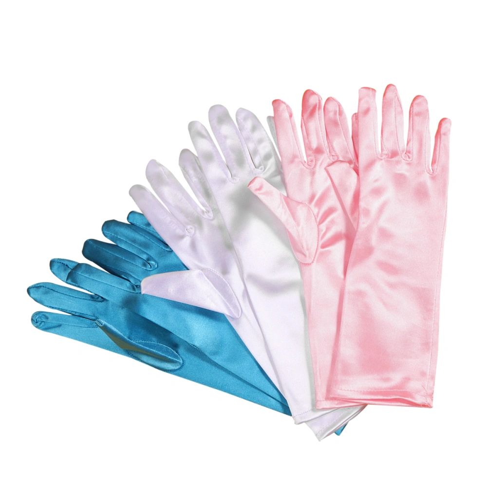 3 Pairs Girls Dress Gloves Stylish Skirt Gloves Decorative Gloves Party Supplies for Kids Children (Pink + White + Blue)