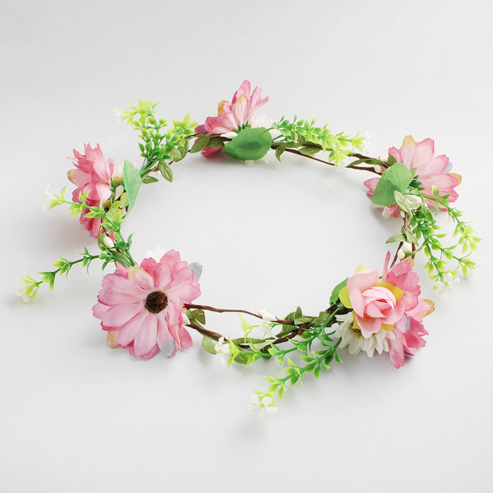 Bridal Hair Wreath Floral Headband Simulation Flowers Rattan Garland Hair Accessory for Wedding Beach Vacation(Pink)