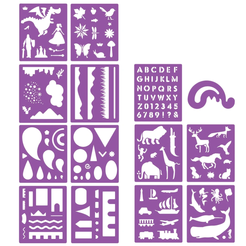 14PCS DIY Hand Account Template PP Hollow Painting Template Drawing Painting Stencils Various Figures Painting Templates for Scrapbooking School Projects (Purple)