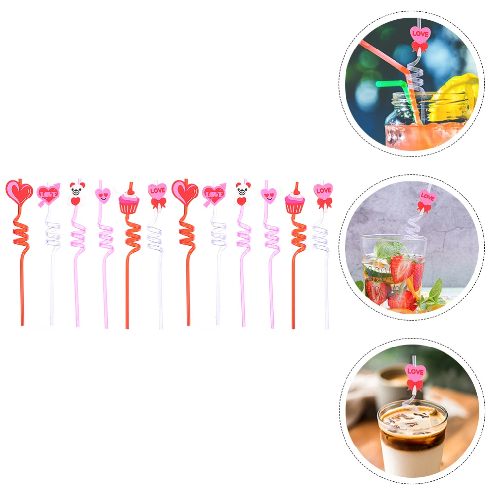 12Pcs Plastic Drinking Straws Long Straws Party Straws Cartoon Straws for Valentine's Day