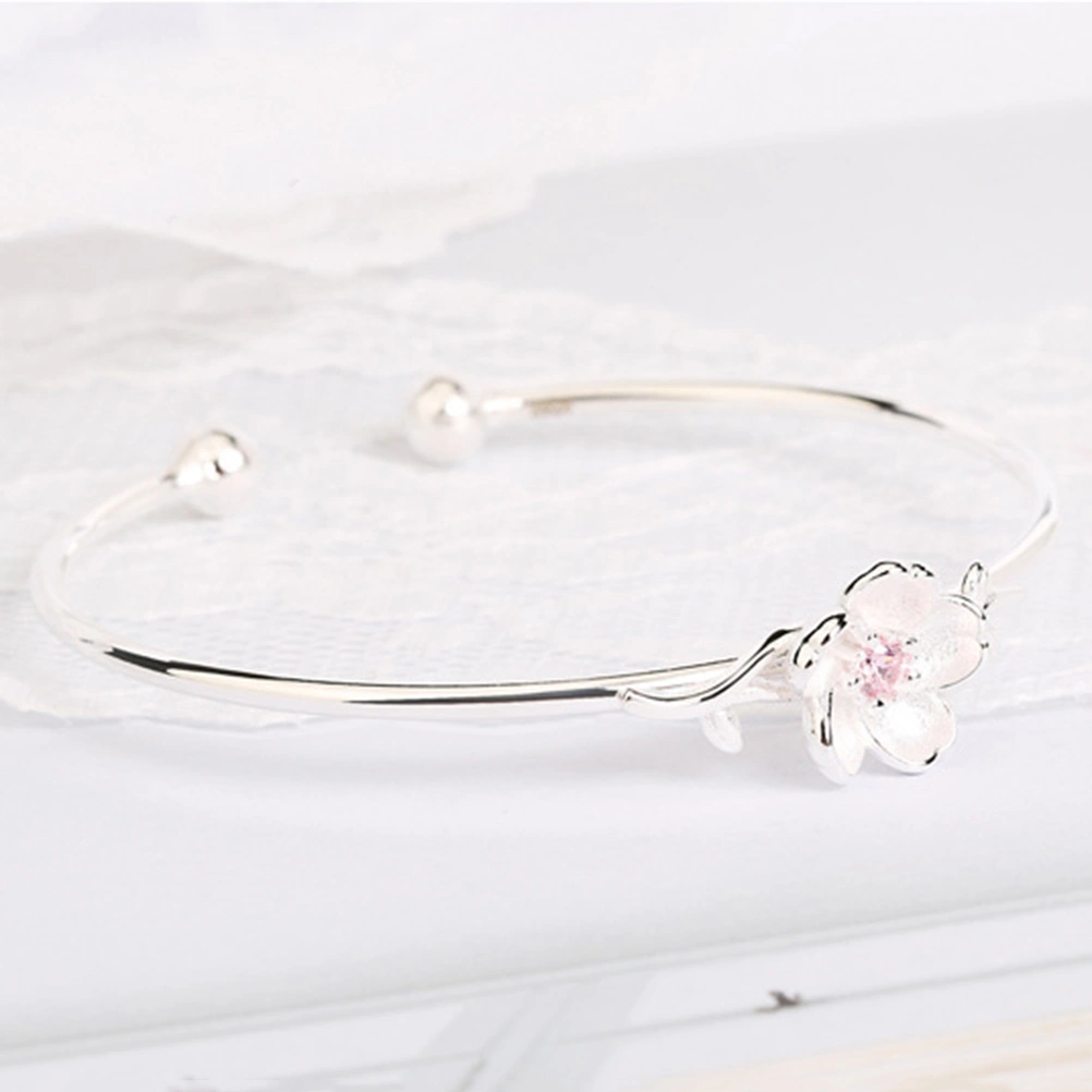 Opening Pink Diamond Bracelet Silver Plated Sen Cherry Blossom Sweet Diamond Crystal Opening Bracelet for Women Girls