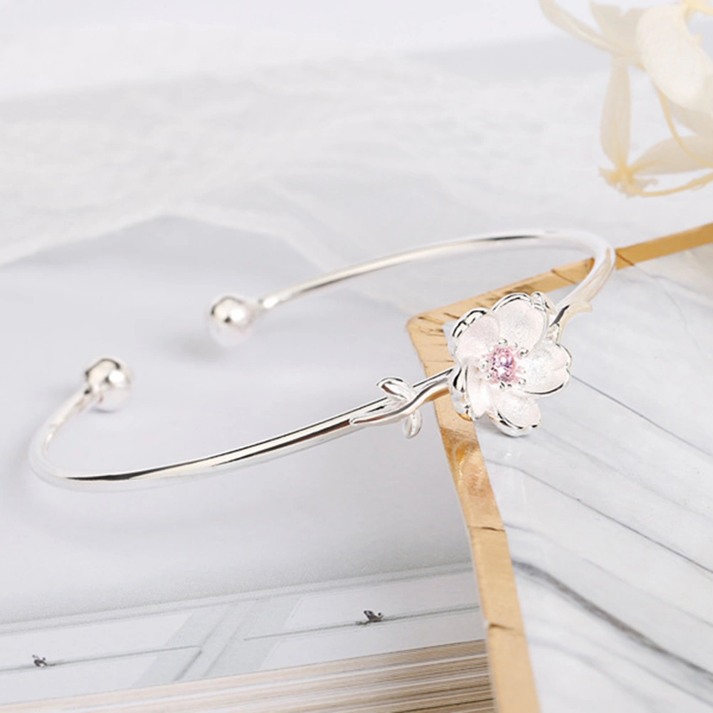 Opening Pink Diamond Bracelet Silver Plated Sen Cherry Blossom Sweet Diamond Crystal Opening Bracelet for Women Girls