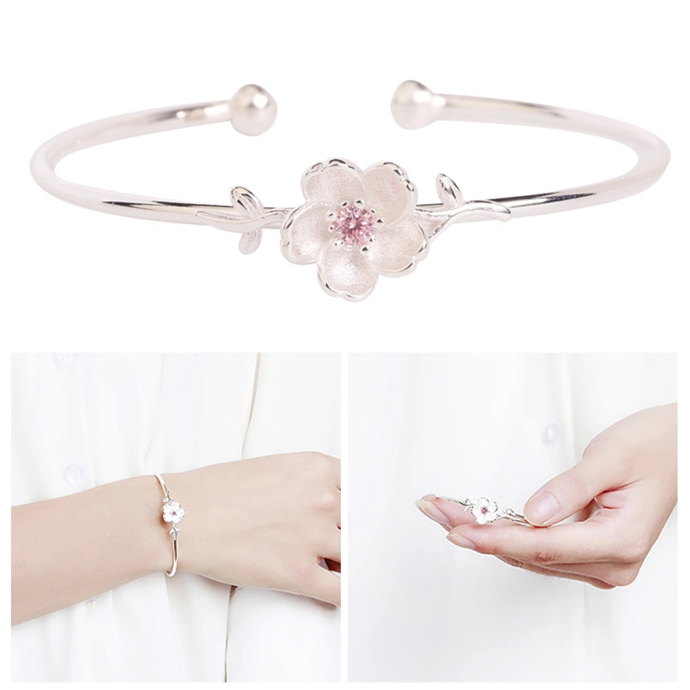 Opening Pink Diamond Bracelet Silver Plated Sen Cherry Blossom Sweet Diamond Crystal Opening Bracelet for Women Girls