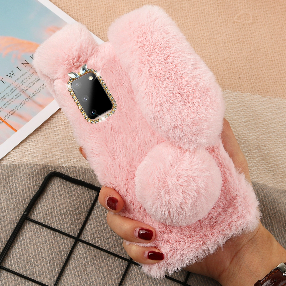 All Match Phone Shell Adorable Phone Cover Plush Phone Case Winter Warm Phone Protector Compatible for Galaxy S20 (Pink)