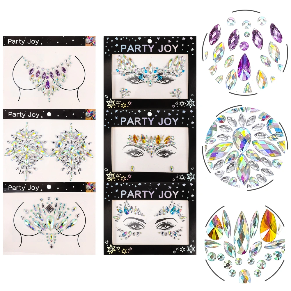 6 Sheets Face Jewels Stick on Chest Face Rhinestones for Makeup Rave Festival Dress Up