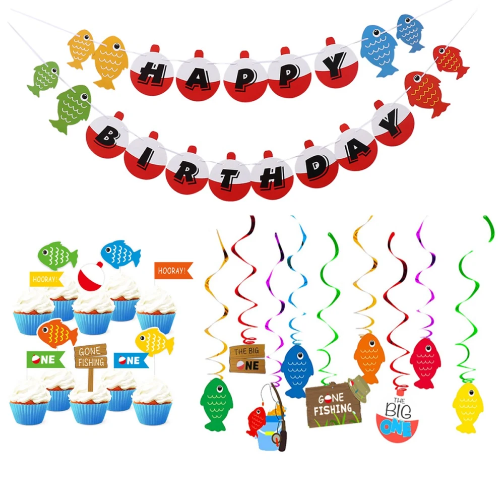 26pcs in 1 Set Gone Fishing Theme Party Spiral Decoration Party Fish Banner Cake Topper for Birthday Ornament (1pc Banner, 15pcs Spiral Decoration, 10pcs Cake Topper, Assorted Color)