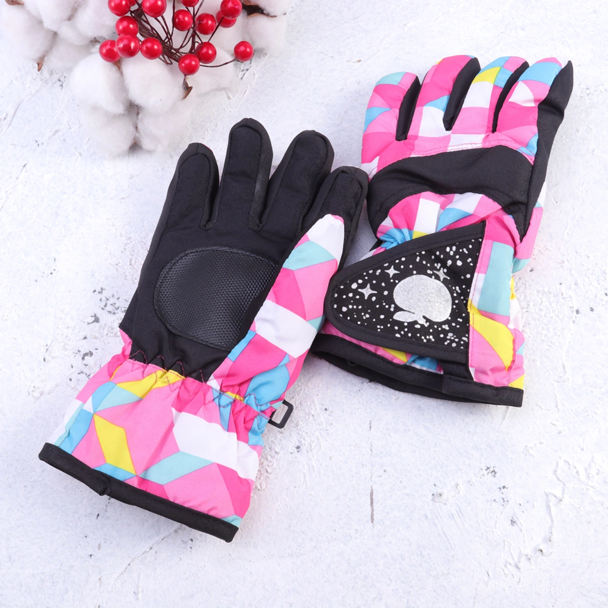 Pattern Splicing Children Sports Gloves Warm Waterproof Thicken Mitts for Mountain Climbing Hiking Gloves Ski Riding Outdoor Activities Size M