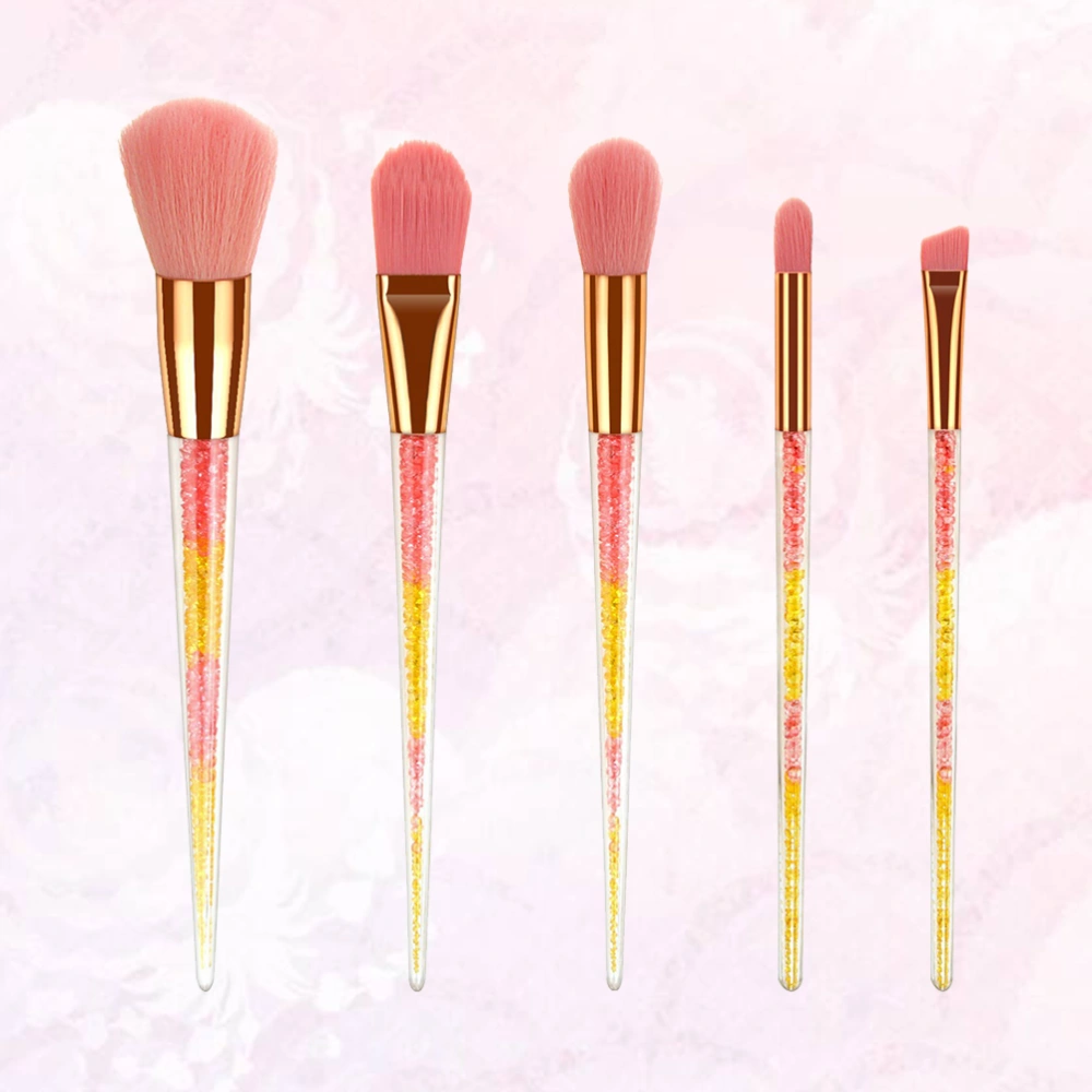 5pcs in 1 Set Pink Hair Makeup Brushes Portable Cosmetic Brushes Yellow Crystal Scatter Cone Shape Brushes Transparent Handle Makeup Tools Set