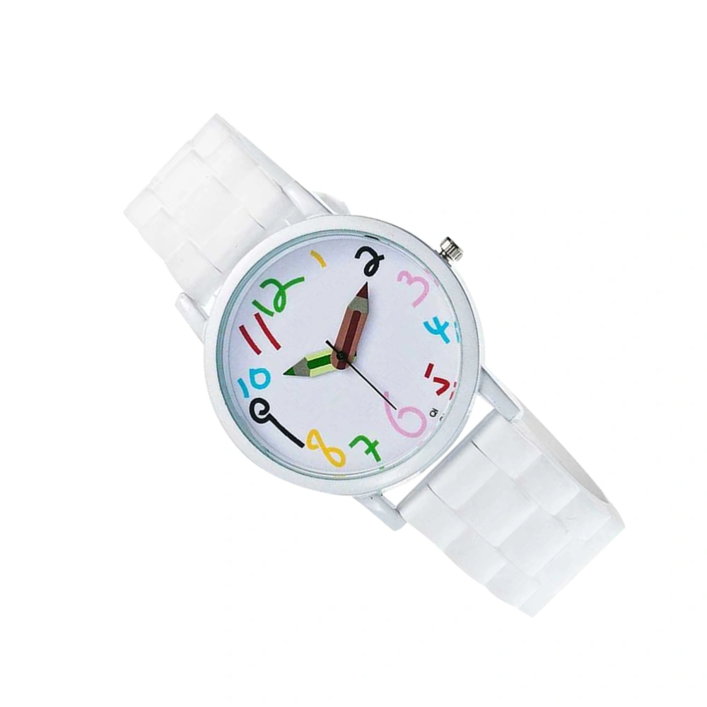 1PC Kids Watches Quartz Watches Creative Time Learning Wrist Watches Student Watches (White)