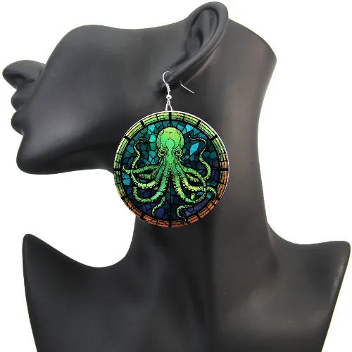 Church of Cthulhu Earrings Stained Glass Look Weird Beautiful Iconic Lightweight Wood DND Statement Arkham