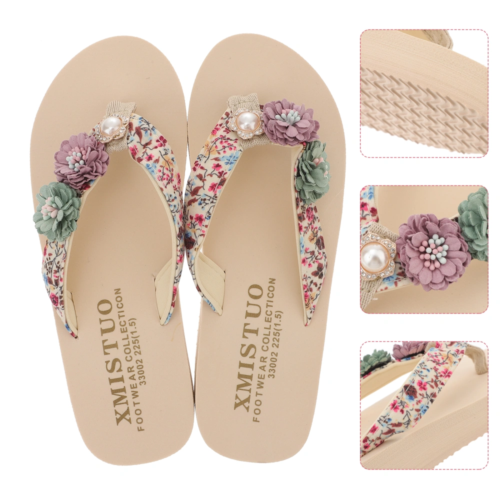 1 Pair Women Flower Flip-flops Summer Beach Casual Personality Sandal Slippers for Woman Girls Size 35 (Beige)