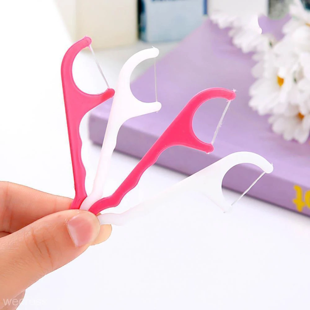 100pcs Plastic Dental Floss Stick Nylon Wire Portable Teeth Care Cleaner Cleaning Tools Set (White and Pink)