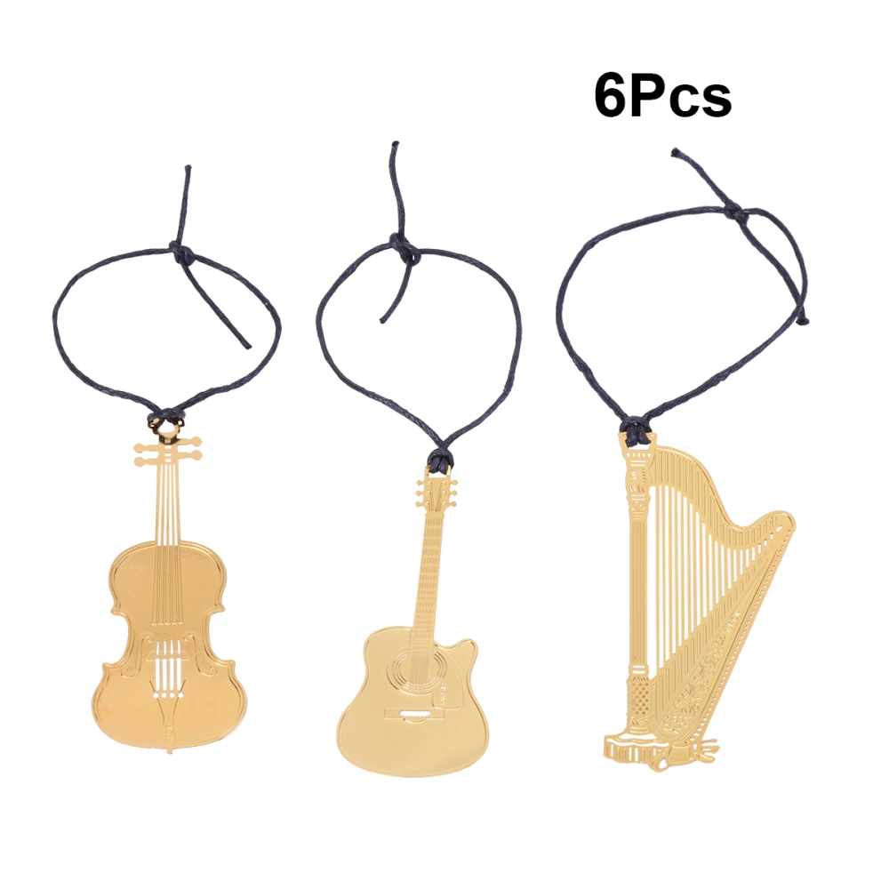 6pcs Exquisite Musical Instrument Creative Bookmarks With Rope Metal Bookmarks for Stationery Gifts (Violin + Guitar + Harp, 2Pcs/Each)