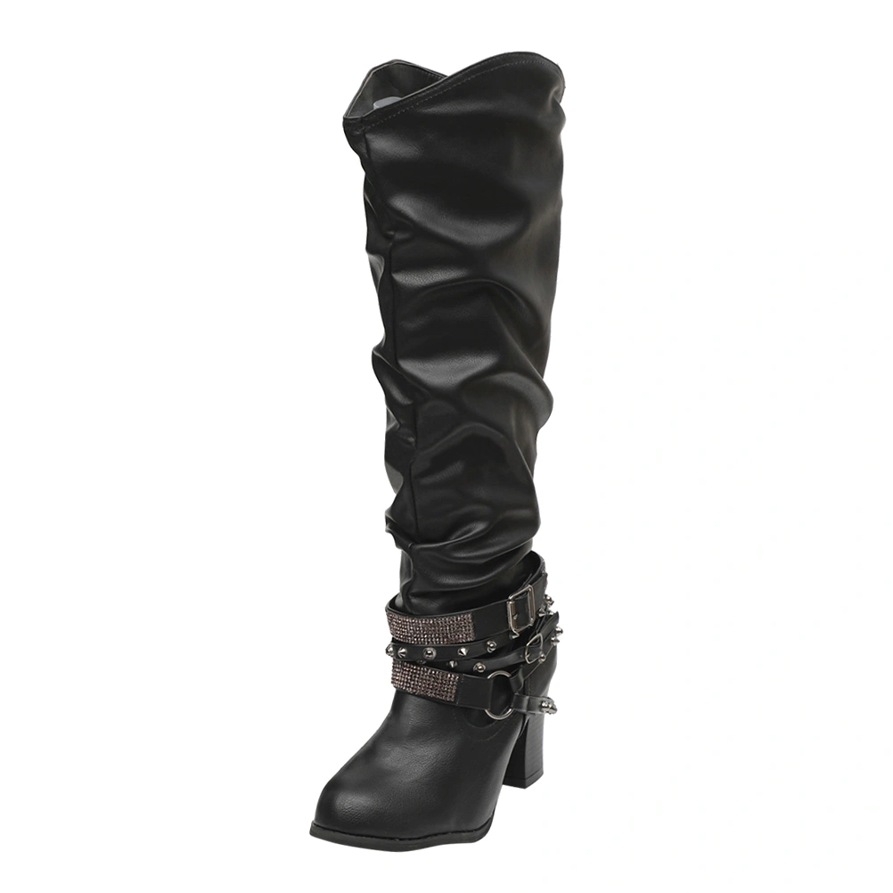 Chunky Heels Thigh High Boots High-heeled Shoes with Rhinestones Round Toe High Leg Boots (Black, Size 41)