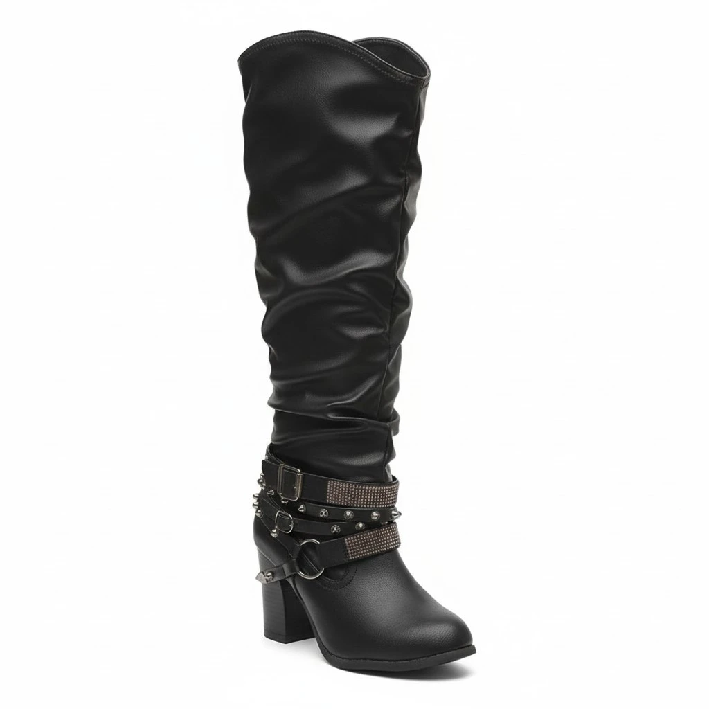 Chunky Heels Thigh High Boots High-heeled Shoes with Rhinestones Round Toe High Leg Boots (Black, Size 41)