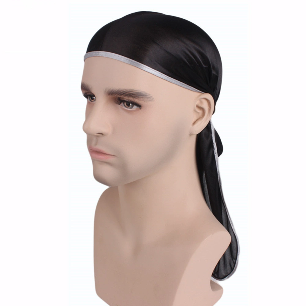 2PCS Silky Hair Loss Chemo Beanie Durag Turban Hat Long Tail Pirate Headwear (Black, White Edge)