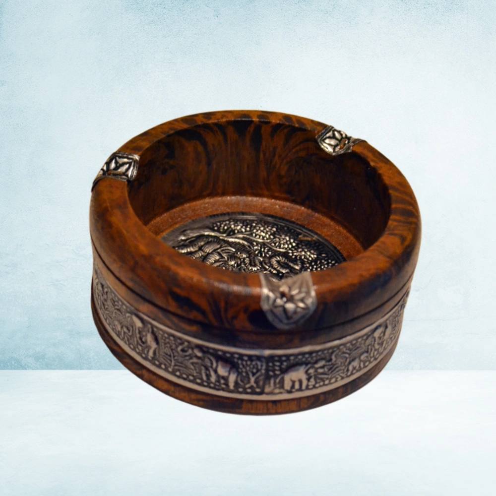 Round Wooden Cigarette Ashtray Vintage Ash Tray Case Elephant Pattern Table Decoration for Home Office (No.5)