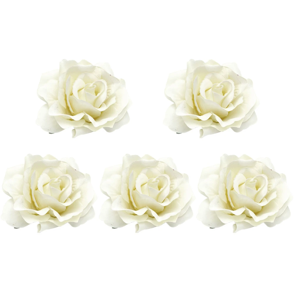 5PCS 10CM Cloth Flower Brooch Bridal Lifelike Rose Corsage Flower Hair Clip Dress for Wedding (Beige)