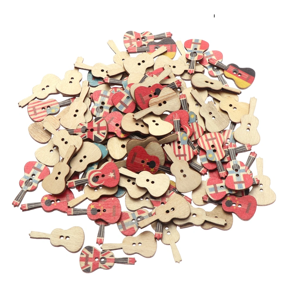 100pcs Wooden Colorful Printing Guitar Shape Button for Sewing Scrapbooking Cloth Decor