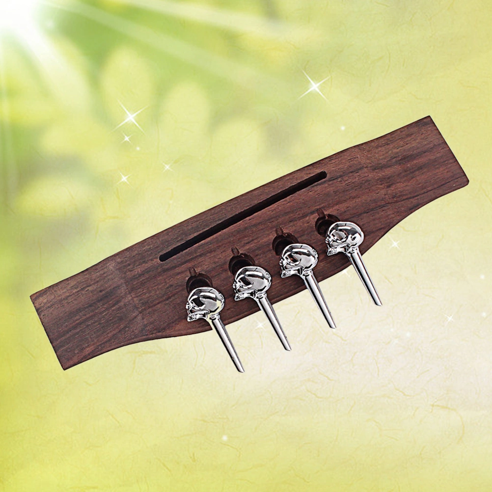4 Strings Redwood Saddle Thru Slotted Guitar Bridge with 4 Skull for Acoustic Bass Guitar (Silver)