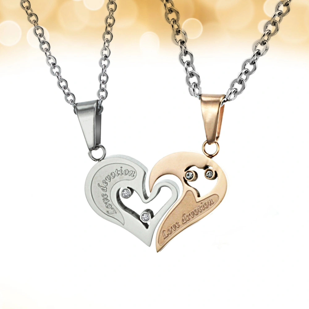 1 Pair Lovers Necklace Titanium Steel Necklace Loving Heart Pendant Necklace (Rose Gold + White)