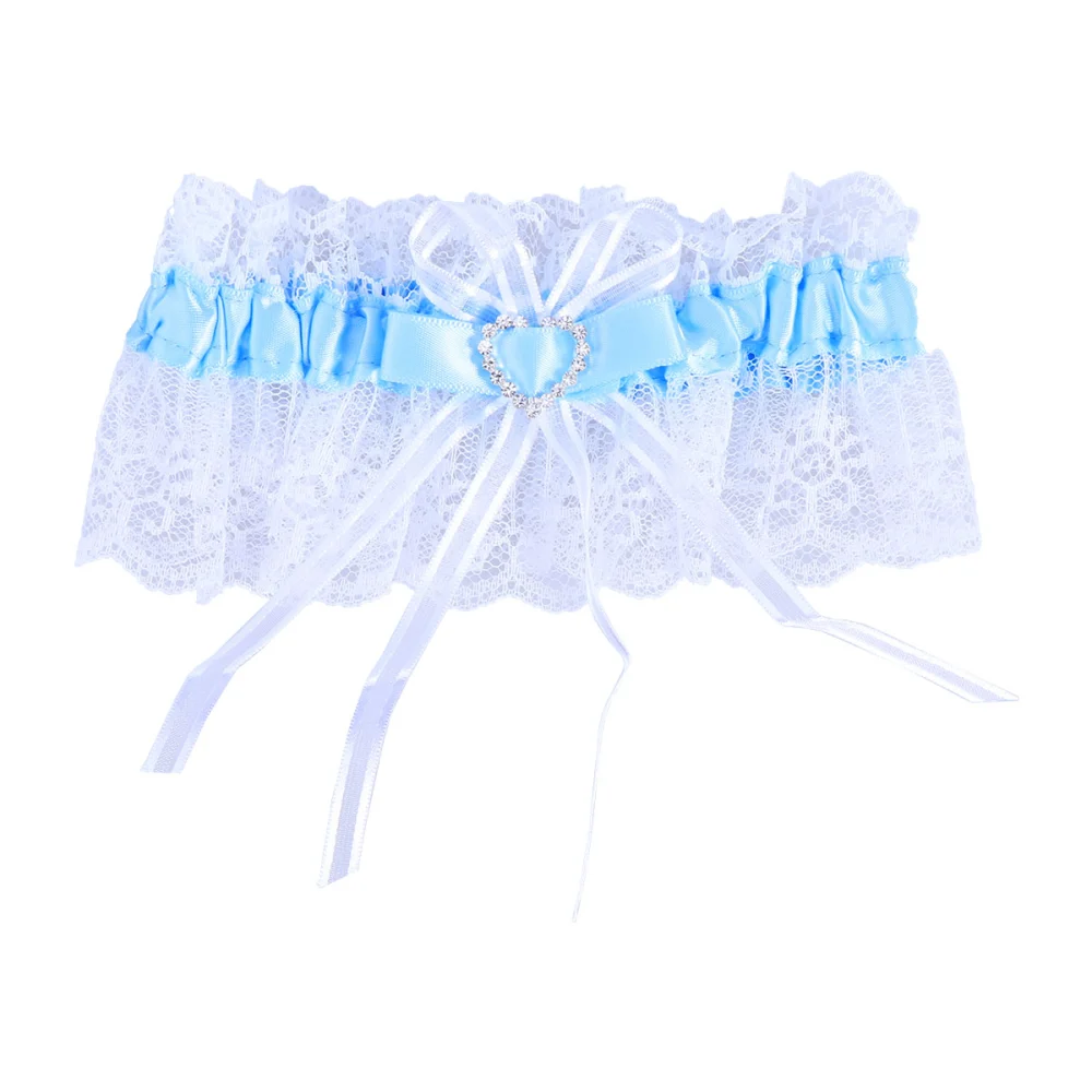 Bridal Garters Beautiful Lace Rhinestone Garters Heart-Shaped Decor Garters for Woman Lady Female (Blue)