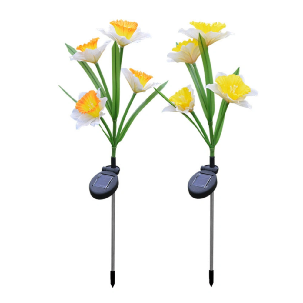 2 Pcs Solar Power LED Simulation Daffodil Flower Floor Light Outdoor Waterproof Long Lawn Floor Insert Lights (4 Flowers Branches, Orange Yellow, White Yellow Style)