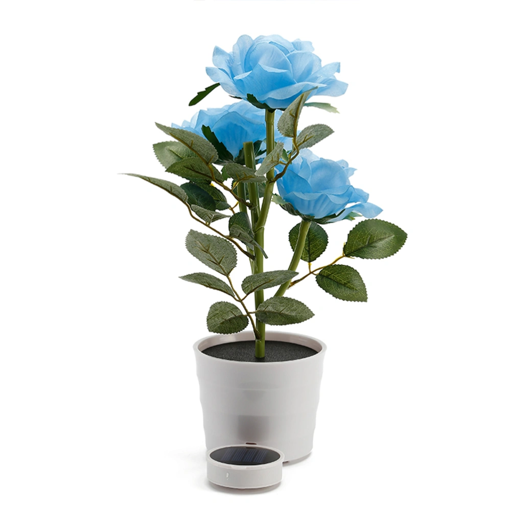 Solar Rose Flower Lights LED Lighted Artificial Rose Pot with 3 Lights Flower Bonsai LED Light Lamp Nightlight for Home Garden Room Office Hotel (Blue)