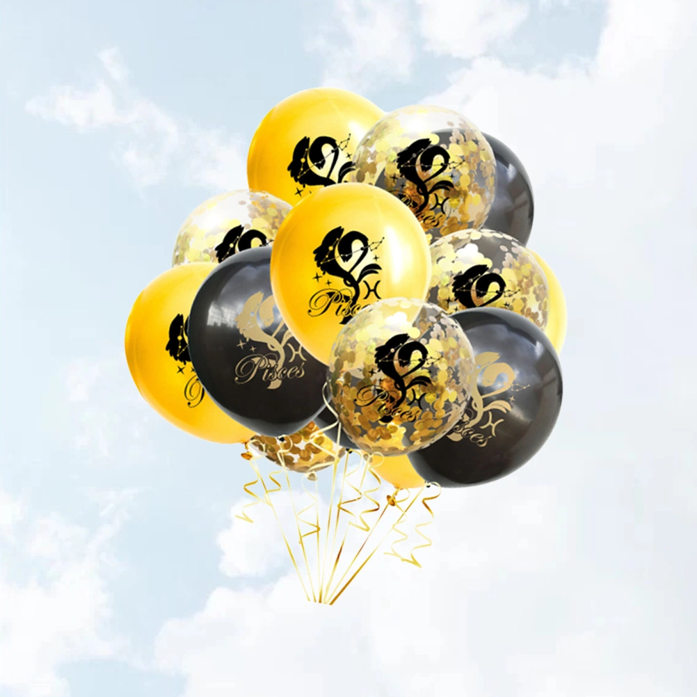 15Pcs Party Balloons Pisces Constellation Balloons Sequins Balloons Wedding Balloons Decoration for Wedding Birthday（Black Golden Transparent for Each 5Pcs)