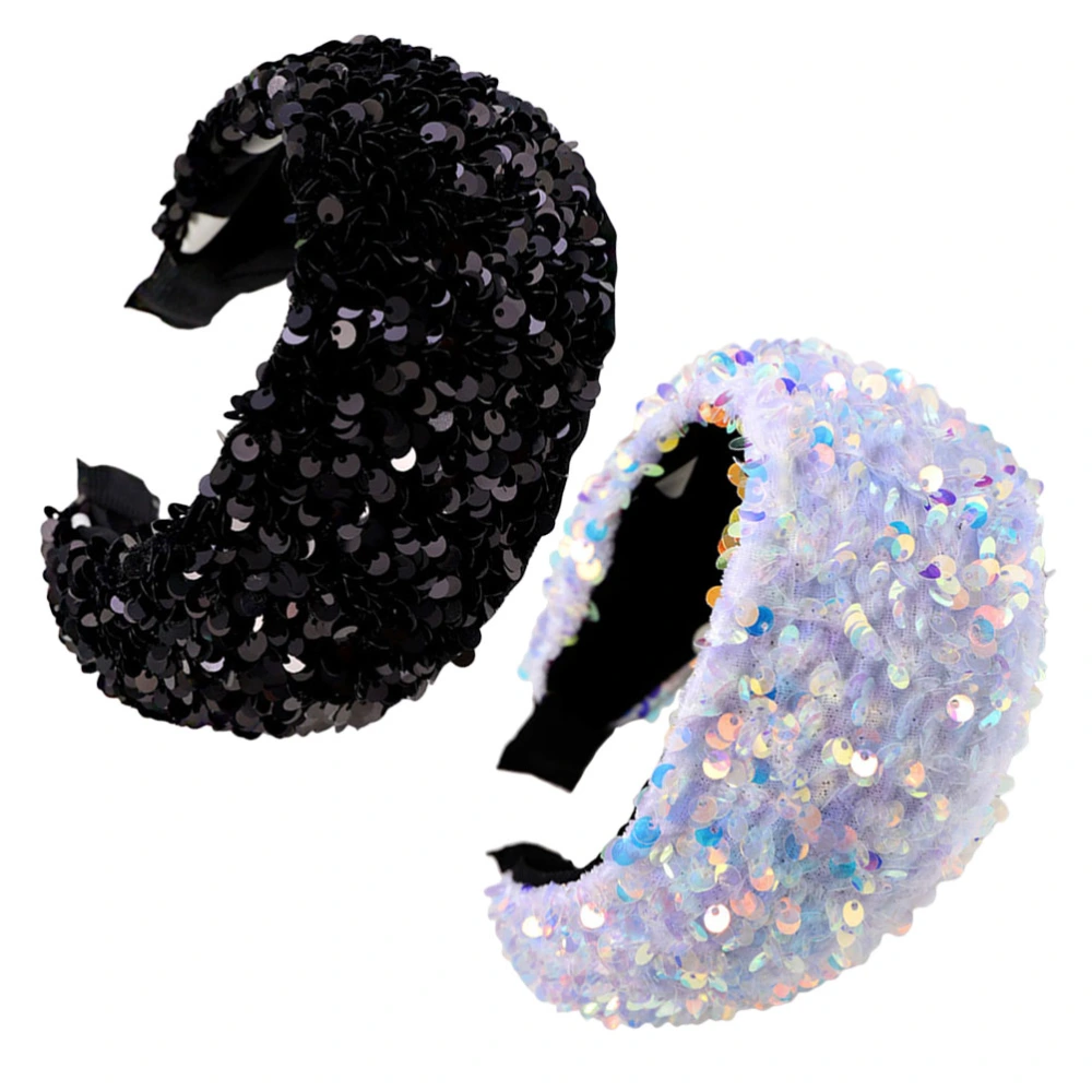 2pcs Sequins Headbands Wide Hair Band Paillette Hair Loop Hair Accessories for Ladies Girls (White and Black)