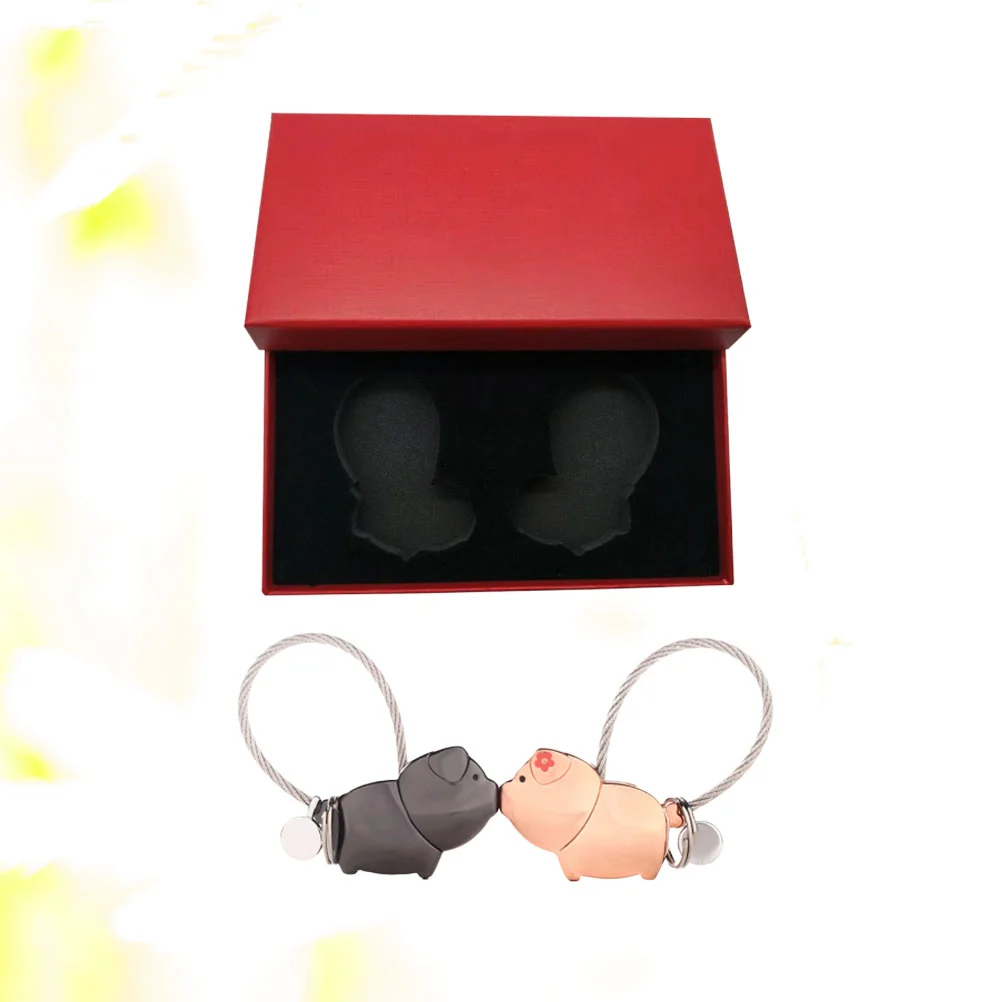 2Pcs Lovely Piggy Designed Car Keychain Couple Keyrings Keyring Pendant with Gift Box (Black, Rose Gold)