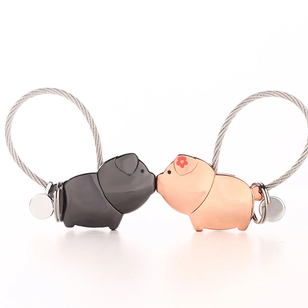 2Pcs Lovely Piggy Designed Car Keychain Couple Keyrings Keyring Pendant with Gift Box (Black, Rose Gold)
