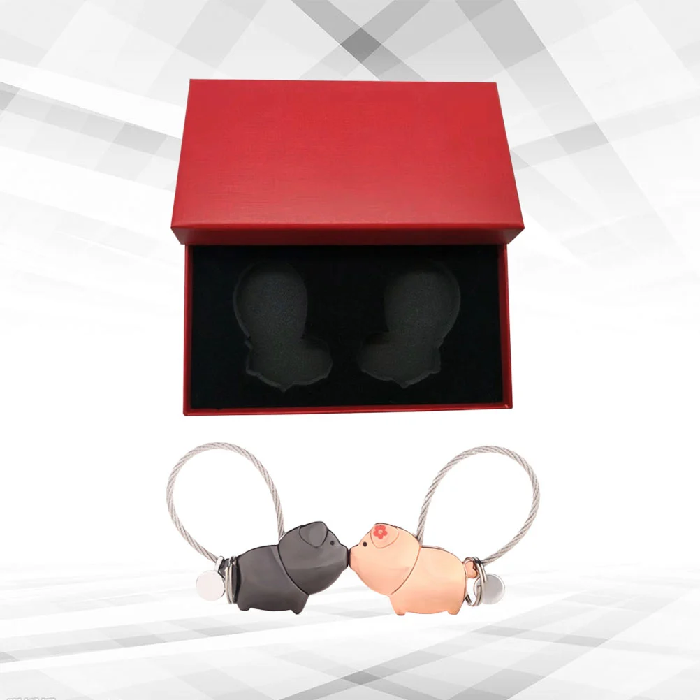 2Pcs Lovely Piggy Designed Car Keychain Couple Keyrings Keyring Pendant with Gift Box (Black, Rose Gold)