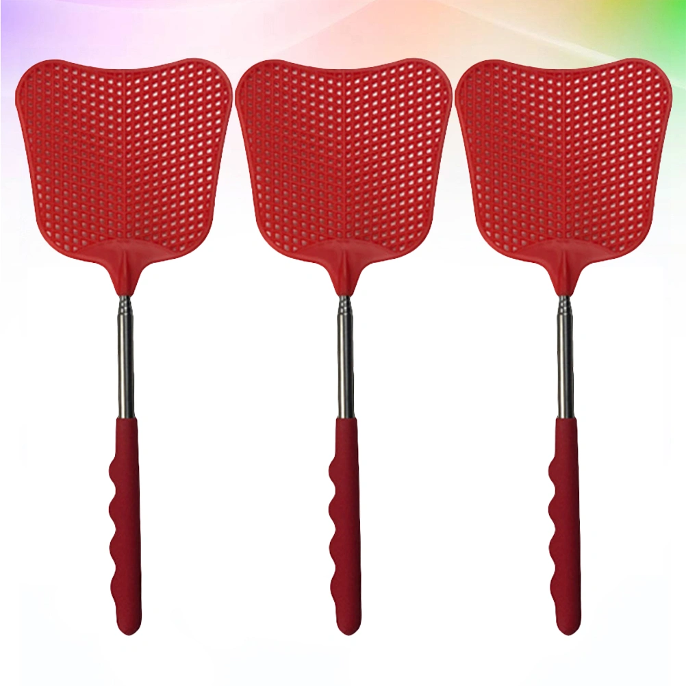 3pcs Palm-leaf Fan Shape Plastic Multifunctional Mosquito Flyswatter with A Stretch Stainless Steel Handle for Home(Red)