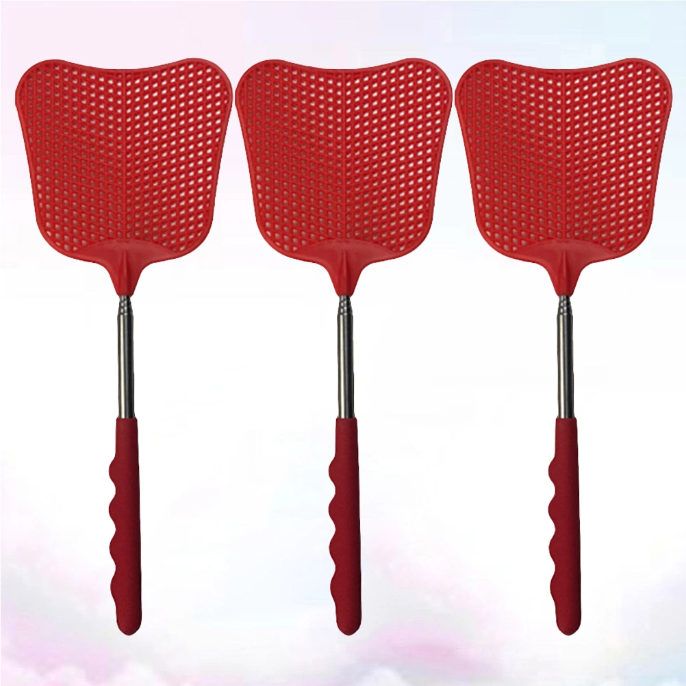 3pcs Palm-leaf Fan Shape Plastic Multifunctional Mosquito Flyswatter with A Stretch Stainless Steel Handle for Home(Red)