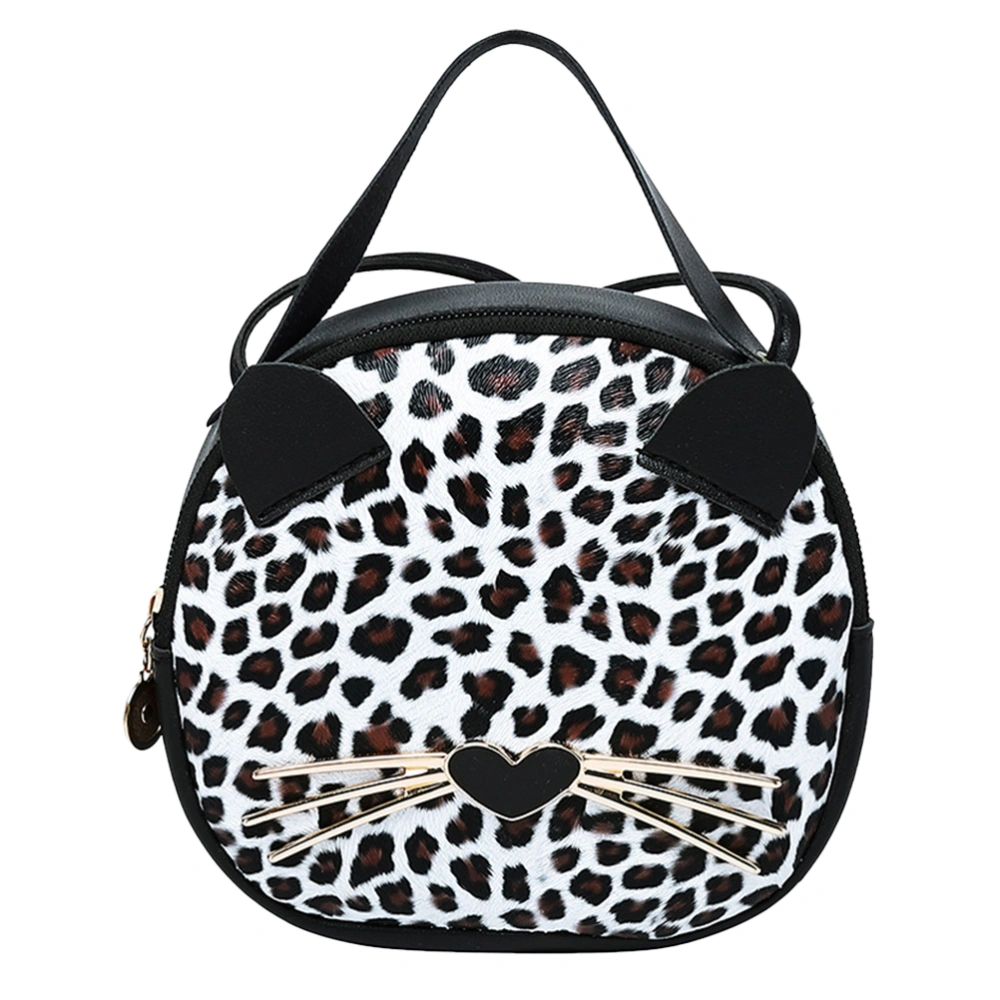 Creative Small Round PU Tote Handbag Casual Shoulder Bag Leopard Grain Cartoon Cat Ears Coin Purse for Girls Ladies (Speckled Brown)