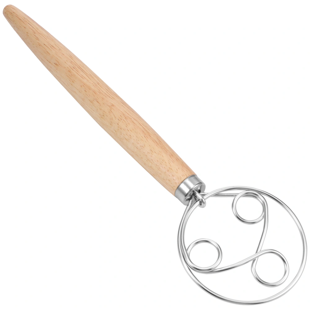 1pc Three-ring Oak Handle Flour Whisk Flour Dough Mixer for Kitchen (Wood Color)