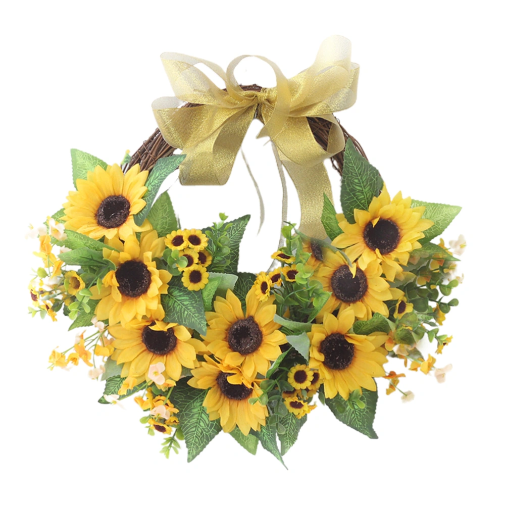 1Pc Front Door Decoration Sun flower Greenery Garland Sunflower Ornament Sunflower Wreath (Yellow With Bowknot)