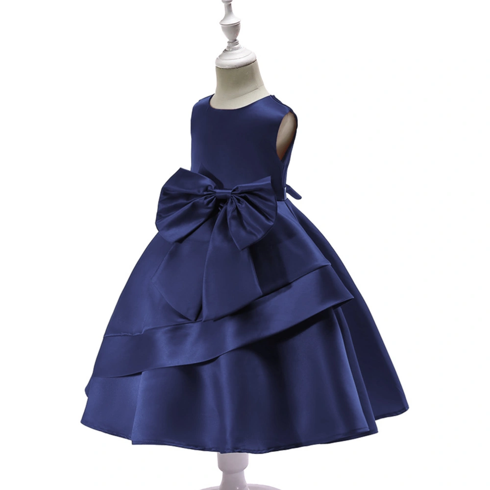 1pc Girls' Dress Vintage Sleeveless Summer Dress Bowknot Decor Children Performance Skirt - Dark Blue (Size 110#, Suggest Height 110cm)